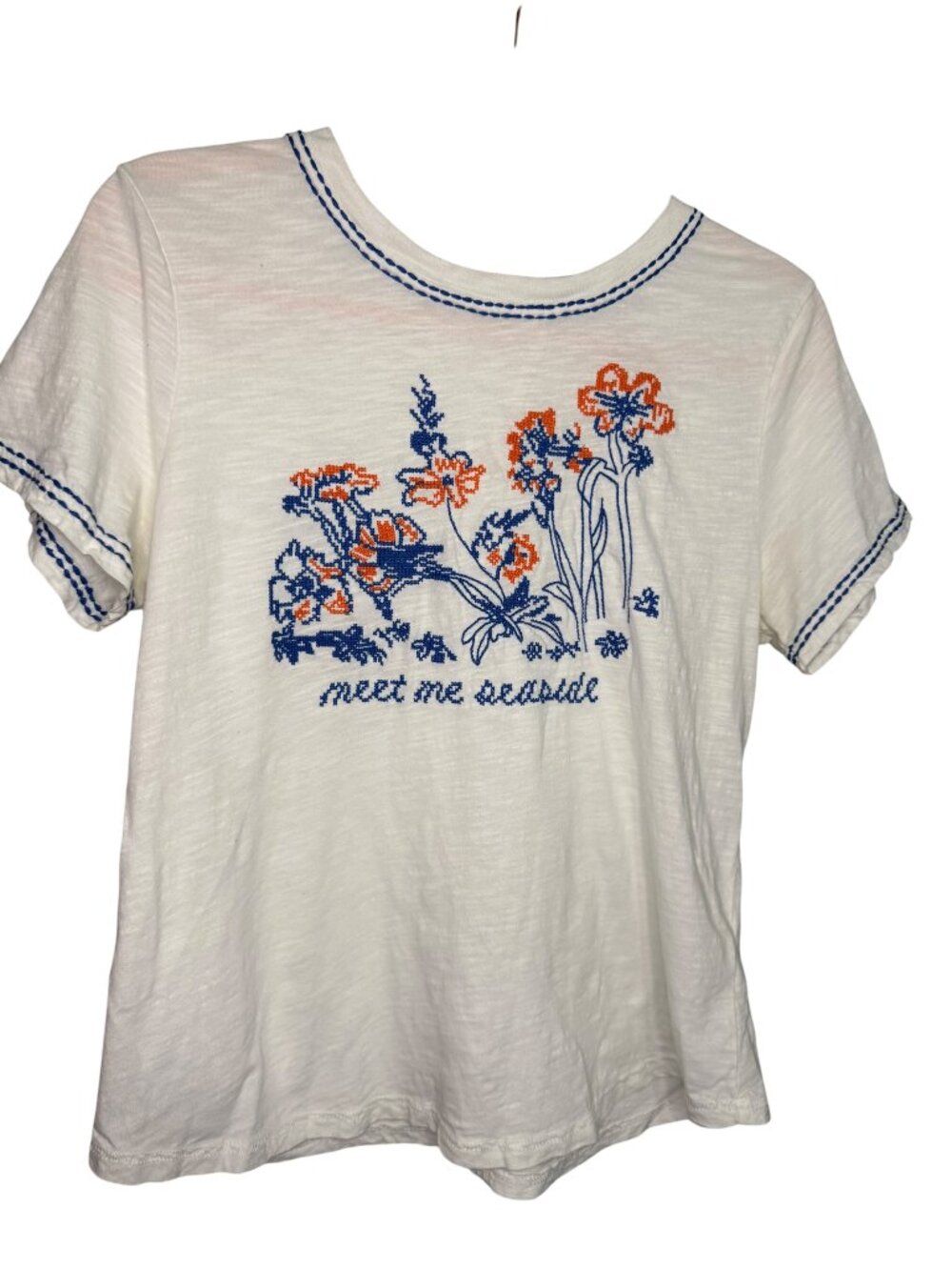 Pilcro/Anthropologie "Meet Me Seaside" Embroidered Tee – M- White/Blue- MSRP $68 - Picture 4 of 16